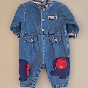 Vintage one piece denim footless romper with elephant detail